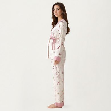 Women's 2-Piece Set Floral Wrap Front Pajama Top with Long Sleeves and Matching Relaxed Fit Pants