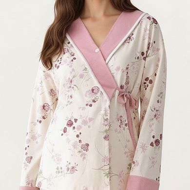 Women's 2-Piece Set Floral Wrap Front Pajama Top with Long Sleeves and Matching Relaxed Fit Pants