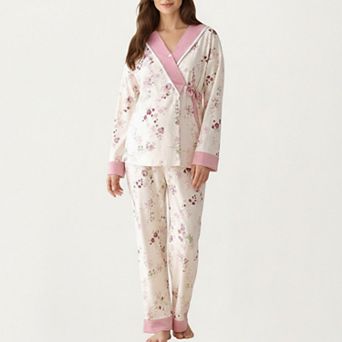 Women's 2 pc Set Floral Wrap Front Pajama Top with Long Sleeves and Matching Relaxed Fit Pants