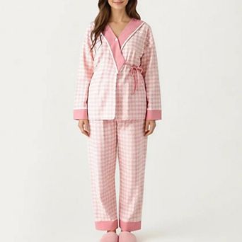 Women's 2 pc Set Floral Wrap Front Pajama Top with Long Sleeves and Matching Relaxed Fit Pants