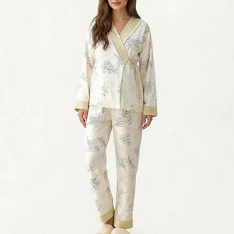 Women's 2 pc Set Floral Wrap Front Pajama Top with Long Sleeves and Matching Relaxed Fit Pants