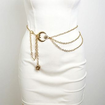 Women's Layered Chain Belt with Crescent Moon and Sun Charms 45.5x0.8in