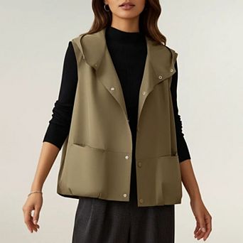 Women's Hooded Utility Vest with Snap Button Front Sleeveless Design and Lightweight Fabric