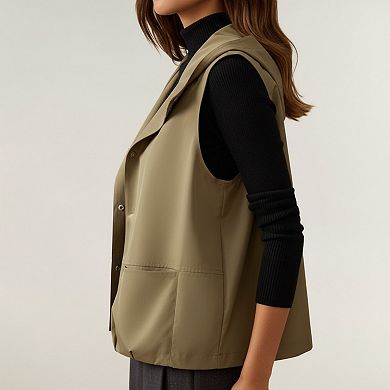 Women's Hooded Utility Vest with Snap Button Front Sleeveless Design and Lightweight Fabric