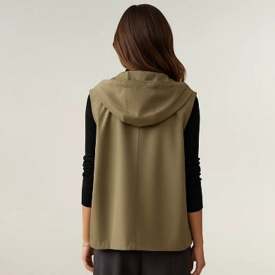 Women's Hooded Utility Vest with Snap Button Front Sleeveless Design and Lightweight Fabric