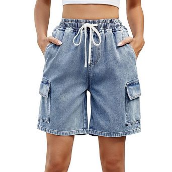 Women's Side Pockets Drawstring Denim Shorts Elastic Waist Cargo Straight Jean
