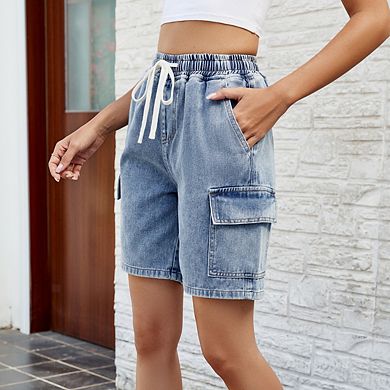Women's Side Pockets Drawstring Denim Shorts Elastic Waist Cargo ...
