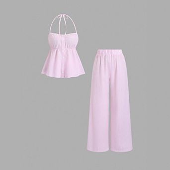 Women's Striped Two Piece Set Halter Smocked Tank Top & Wide Leg Pants