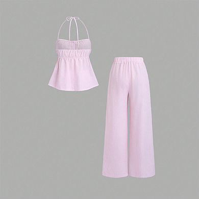 Women's Striped Two Piece Set Halter Smocked Tank Top & Wide Leg Pants