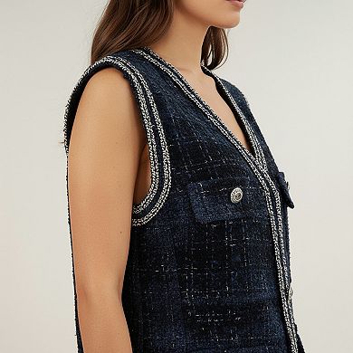 Women's Textured Button Front Vest with Decorative Trim and Patch Pockets