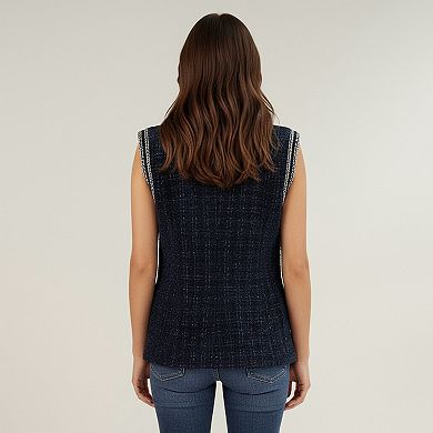 Women's Textured Button Front Vest with Decorative Trim and Patch Pockets