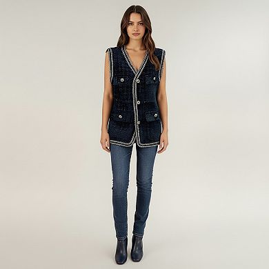 Women's Textured Button Front Vest with Decorative Trim and Patch Pockets