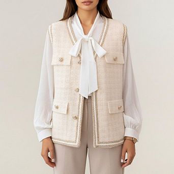 Women's Textured Button Front Vest with Decorative Trim and Patch Pockets