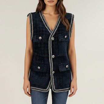 Women's Textured Button Front Vest with Decorative Trim and Patch Pockets
