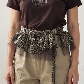 Women's Leopard Print Ruffle Belt with Sheer Mesh Trim and Tie Closure 78.5x2in