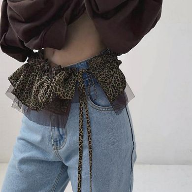 Women's Leopard Print Ruffle Belt with Sheer Mesh Trim and Tie Closure 78.5x2in