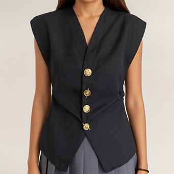 Women's Sleeveless Tailored Vest with V Neckline and Decorative Button Front