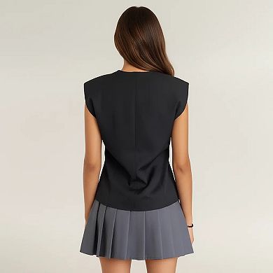 Women's Sleeveless Tailored Vest with V Neckline and Decorative Button Front