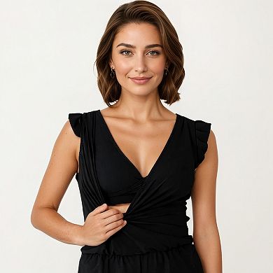 Women's Sleeveless V Neck Romper with Elastic Waist Ruffle Hem Shorts and Soft Draped Bodice