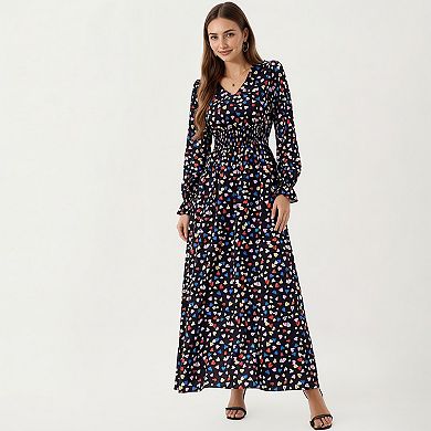 Women's Floral Long Sleeve Maxi Dress with V Neckline and Ruffle Cuffs