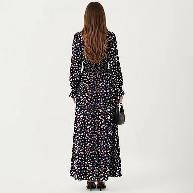 Women's Floral Long Sleeve Maxi Dress with V Neckline and Ruffle Cuffs