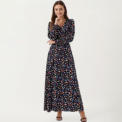 Women's Floral Long Sleeve Maxi Dress with V Neckline and Ruffle Cuffs