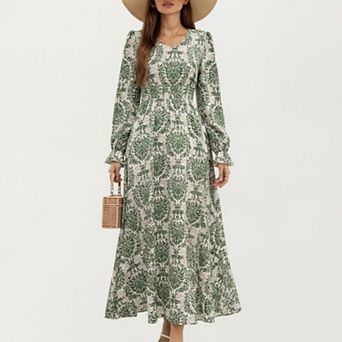 Women's Floral Long Sleeve Maxi Dress with V Neckline and Ruffle Cuffs