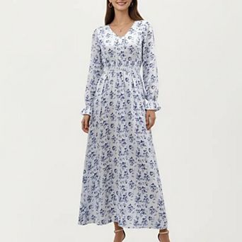 Women's Floral Long Sleeve Maxi Dress with V Neckline and Ruffle Cuffs