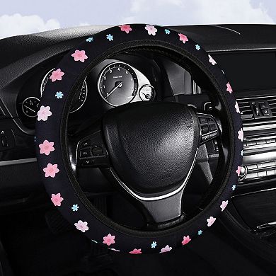 Plush Steering Wheel Cover with Floral Embroidered Pattern