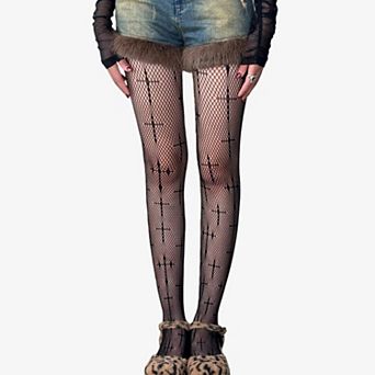 Fishnet Tights with Cross Pattern Stretch Fit Sheer Mesh Legging Style Hosiery