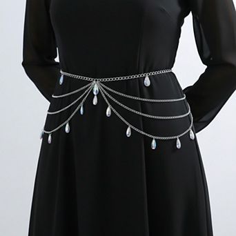Women's Multi-Layer Chain Belt with Teardrop Crystal Charms and Draped Chain Strands 26+15.7in