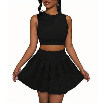 Women's Two Piece Set Sleeveless Crop Top & Pleated Mini Skirt