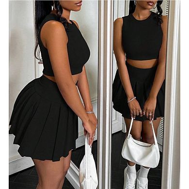 Women's Two Piece Set Sleeveless Crop Top & Pleated Mini Skirt
