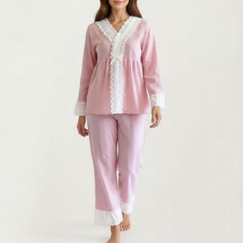 Women's 2 pc Set Long Sleeve Pajama Top with Lace Trim and Matching Relaxed Fit Pants
