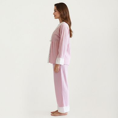 Women's 2-Piece Set Long Sleeve Pajama Top with Lace Trim and Matching Relaxed Fit Pants