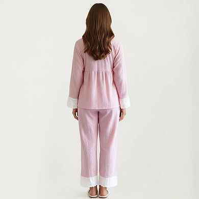 Women's 2-Piece Set Long Sleeve Pajama Top with Lace Trim and Matching Relaxed Fit Pants