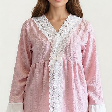 Women's 2-Piece Set Long Sleeve Pajama Top with Lace Trim and Matching Relaxed Fit Pants