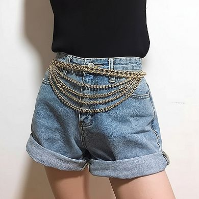 Women's Multi-Layer Chain Belt with Mixed Link and Beaded Strand Details 25.5+13.7in