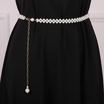 Women's Pearl Beaded Chain Belt with Delicate Drop Pendant and Adjustable Clasp 43.5x0.8in
