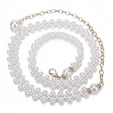 Women's Pearl Beaded Chain Belt with Delicate Drop Pendant and Adjustable Clasp 43.5x0.8in