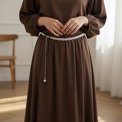 Women's Pearl Beaded Chain Belt with Delicate Drop Pendant and Adjustable Clasp 43.5x0.8in