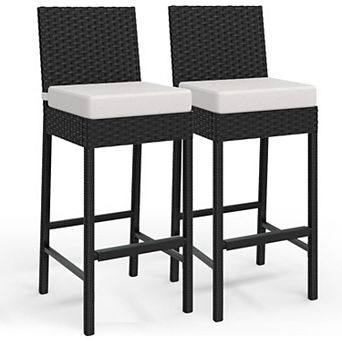 Patio Bar Stools Set of 2, Wicker Rattan Stools with Cushions for Outdoor Backyard Poolside Bedroom