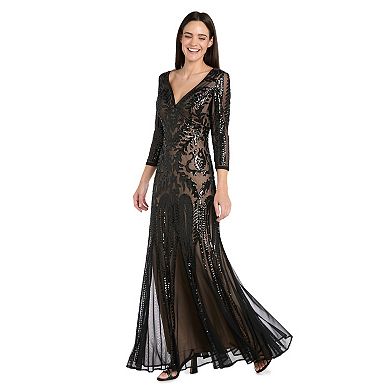 Women's R&M Richards Long Beaded V-Neck Dress