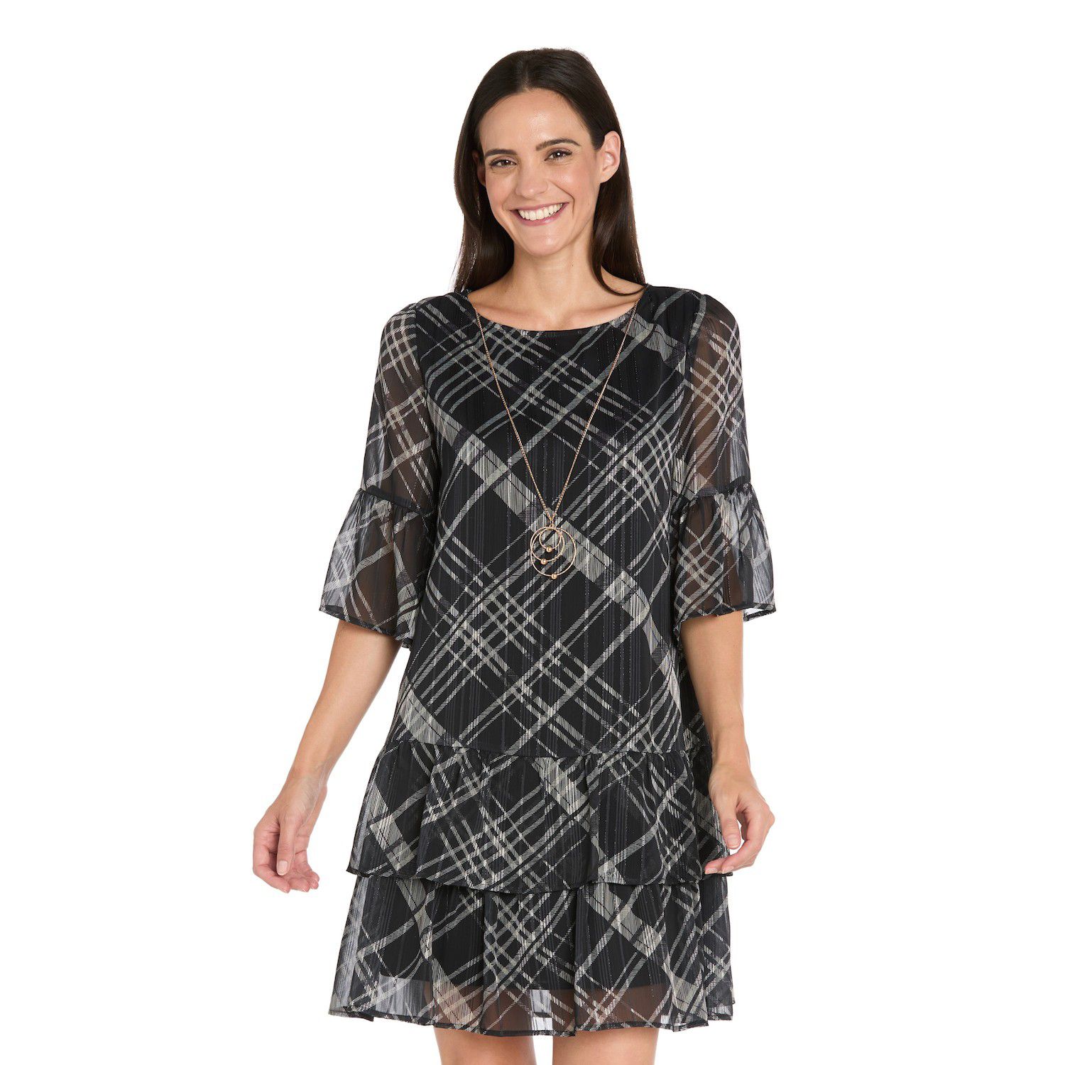 Женские платья R&M Richards Printed Chiffon Short Dress with Ruffled Sleeves