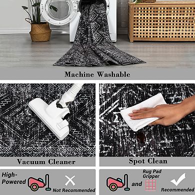 Modern Retro Geometric Pattern Area Rug for Bedroom Non Slip Low Pile Washable Rug for Laundry