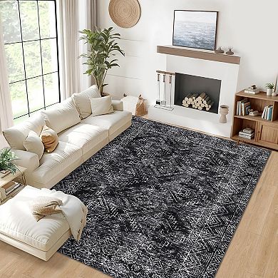 Modern Retro Geometric Pattern Area Rug for Bedroom Non Slip Low Pile Washable Rug for Laundry