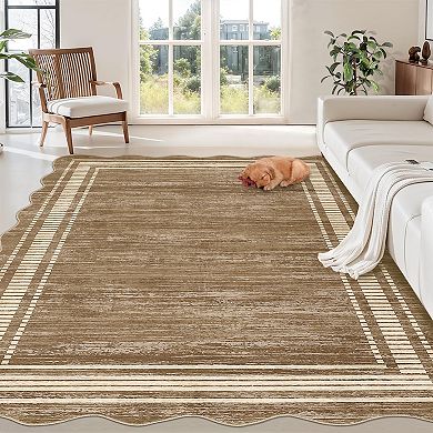 Modern Solid Color Scalloped Border Area Rug Washable Non Slip Mat for Living Room Home Office