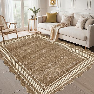Modern Solid Color Scalloped Border Area Rug Washable Non Slip Mat for Living Room Home Office
