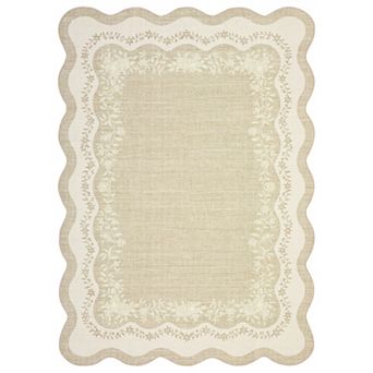 Modern Scalloped Border Area Rug Low Pile Non Slip Machine Washable Rug for Living Room Hallway