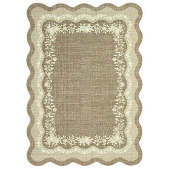 Modern Scalloped Border Area Rug Low Pile Non Slip Machine Washable Rug for Living Room Hallway